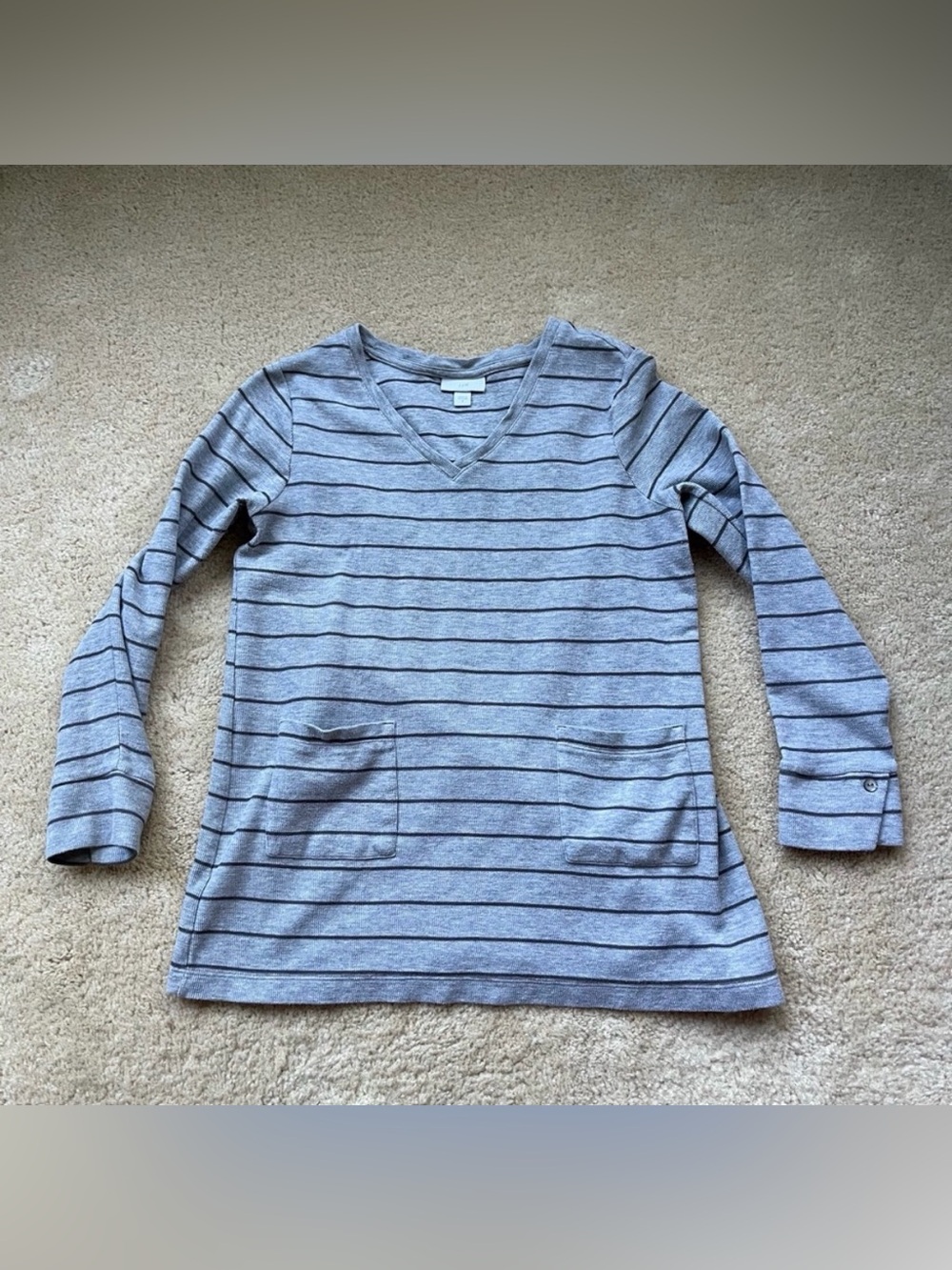 J. Jill Gray & Black Striped V-Neck Pullover w/ Front Pockets - Size S - VGUC